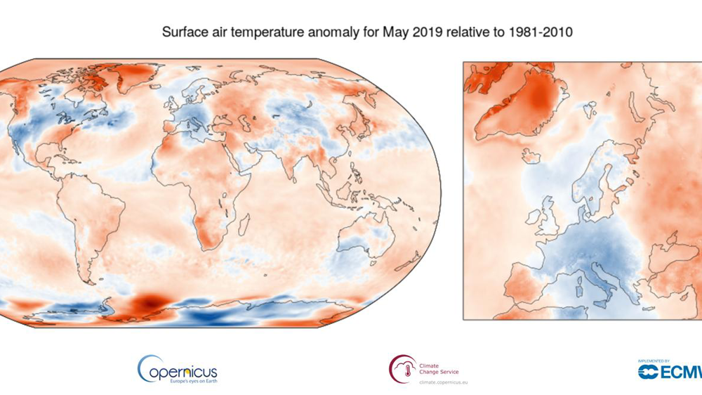 Anomalie de la température de l’air en surface en mai 2019 par rapport à la normale de 1981 à 2010.© Météo-France